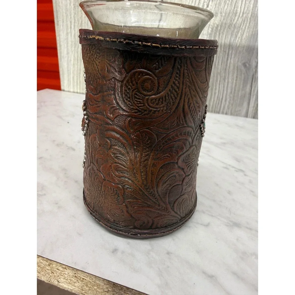 Western Tooled Faux Leather Cross Candle Holder Glass Votive Turquoise Red Brown